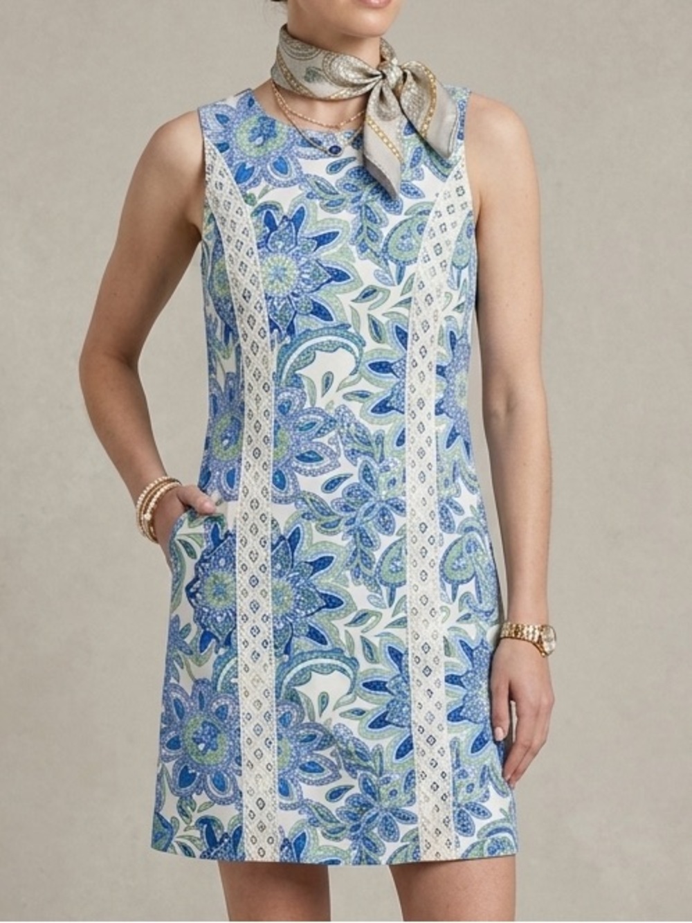 Eliza J Blue Green Floral Paisley Lace Trim Shift Dress EJ4-2954 Size 10